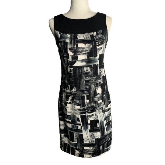 Vintage Y2K Sleeveless Sheath Dress 6 Black White Knee Length Zipper Unlined - Picture 1 of 6